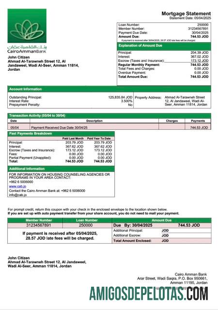 em branco Jordan Cairo Amman Bank Declaração de hipoteca Word e modelo PDF